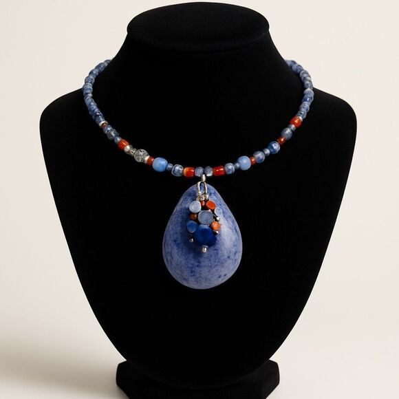 Hand Crafted Jewelry - Handcrafted Wired Genuine Sodalite & Gemstone Necklace Handcrafted Hoop Earrings